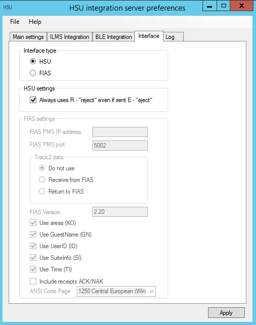 HSU PMS Integration Software - server interface type page